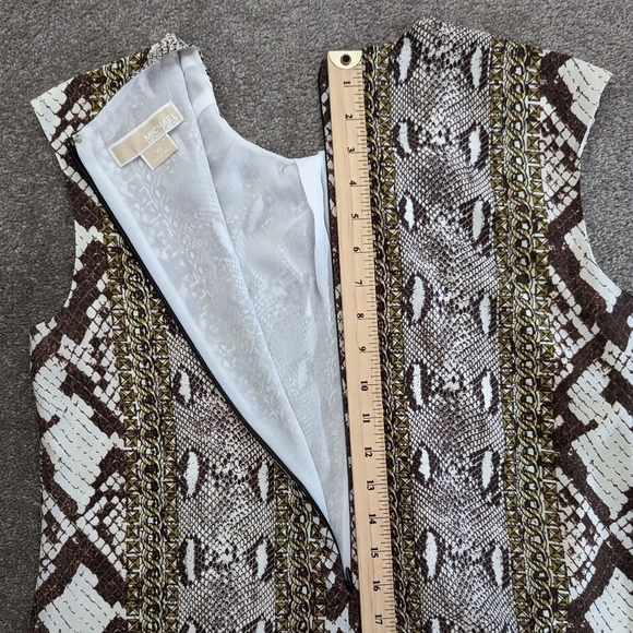 MICHAEL Kors Mixed Snake Print Georgette Shift Gold Chain Brown Dress Size 10 - Picture 11 of 15